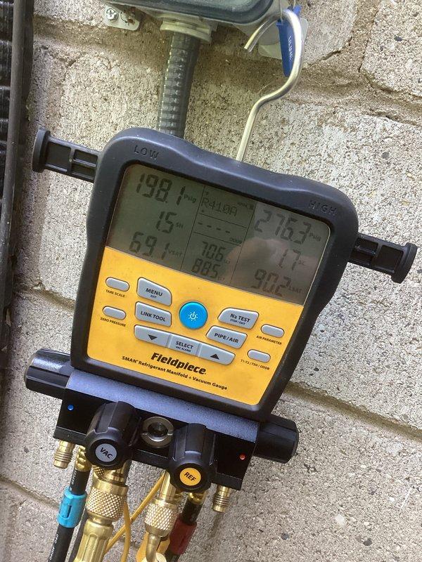 Responded to no cooling complaint on residential air conditioning system. Upon diagnostic evaluation, found inadequate temperature split of approximately 9 degrees across evaporator coil. Connected manifold gauges and identified compressor bypass issue with abnormal operational noises indicating internal mechanical failure. System pressures and temperatures confirmed compressor malfunction. Additionally identified improper or missing metering device contributing to reduced cooling capacity. Provided detailed estimate for necessary repairs including compressor replacement and metering device correction.