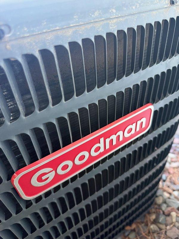 Responded to no cooling complaint on 5-year-old Goodman air conditioning system. Upon arrival, found thermostat calling for cooling with indoor blower operating normally, but outdoor unit condenser fan running while compressor failed to start. Diagnosed failed dual run capacitor with hermetic terminal reading 0 microfarads instead of rated 40/5 specification. Replaced defective capacitor with proper replacement part, restored system to full operation, and verified 15-20 degree temperature split across evaporator coil, confirming proper cooling performance.