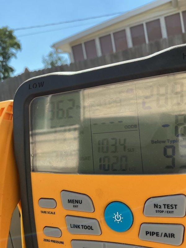 Responded to no cooling complaint on recently installed air conditioning system experiencing its third freeze-up since installation in March 2025. Upon arrival, confirmed system was low on refrigerant, recharged unit to manufacturer specifications, and performed comprehensive leak search to identify source of refrigerant loss. Measured supply air temperature at 57.3°F and monitored system pressures showing 162 PSI to verify proper operation after recharge, documented findings with photos, and discussed warranty coverage for ongoing refrigerant leak issue requiring further diagnosis.