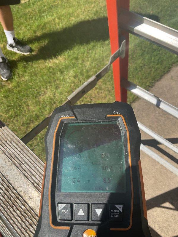 Responded to no cooling complaint on 8-year-old air conditioning system with indoor temperature exceeding 80 degrees. Performed system diagnostics and found low refrigerant charge indicated by low suction pressure, low subcooling, and high superheat readings. Added 2 pounds of refrigerant to system and conducted leak detection; no significant leaks identified at time of service.