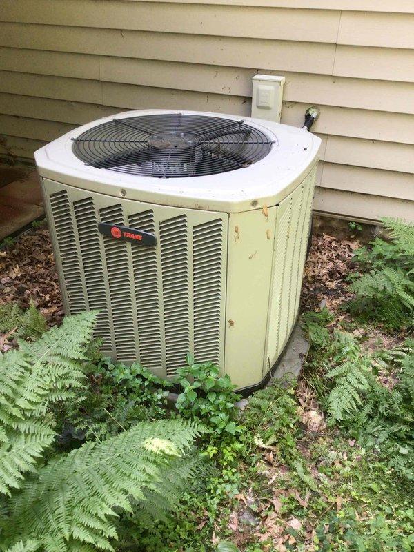 Responded to no cooling call on aging Trane condenser unit. Upon arrival, confirmed system was producing inadequate cooling with rising indoor temperatures. Diagnostic inspection revealed unit was empty of refrigerant charge, indicating complete system leak. Documented equipment condition showing weathering, rust staining, and vegetation encroachment around unit perimeter. Presented repair options to customer and scheduled follow-up appointment with advisor for system evaluation and replacement recommendations.