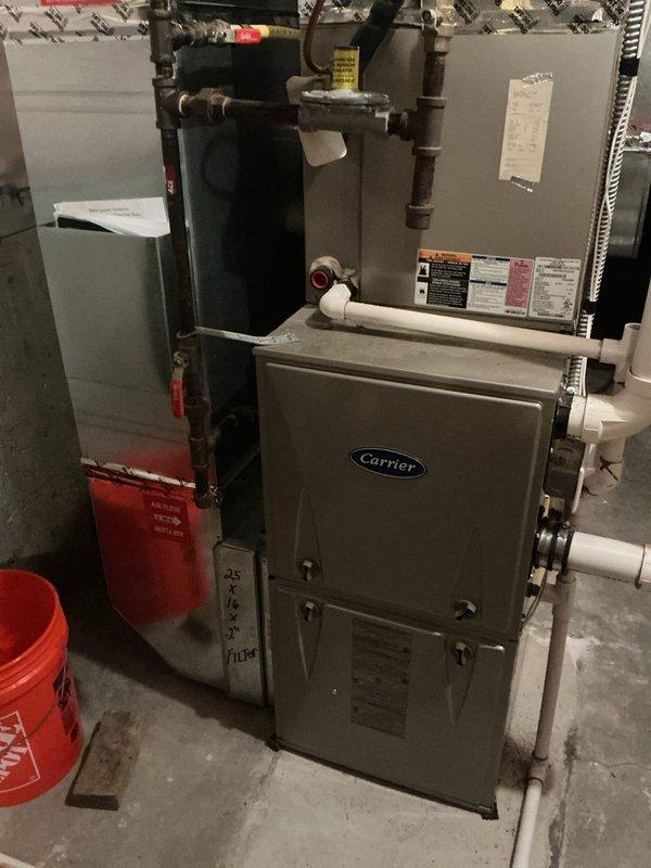 Responded to no cooling complaint on 2012 Carrier HVAC system. Diagnosed system as low on refrigerant using manifold gauges, which revealed inadequate pressures on both high and low sides. Performed leak search to identify refrigerant loss points. Due to age of system and extent of repairs needed, coordinated with customer for full AC replacement rather than leak repair and recharge. Replaced existing air conditioning unit with new equipment to restore proper cooling capacity to residence.