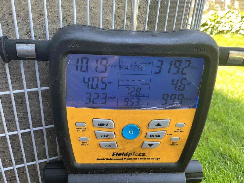 Responded to no cooling complaint on 2012 Carrier HVAC system. Diagnosed system as low on refrigerant using manifold gauges, which revealed inadequate pressures on both high and low sides. Performed leak search to identify refrigerant loss points. Due to age of system and extent of repairs needed, coordinated with customer for full AC replacement rather than leak repair and recharge. Replaced existing air conditioning unit with new equipment to restore proper cooling capacity to residence.