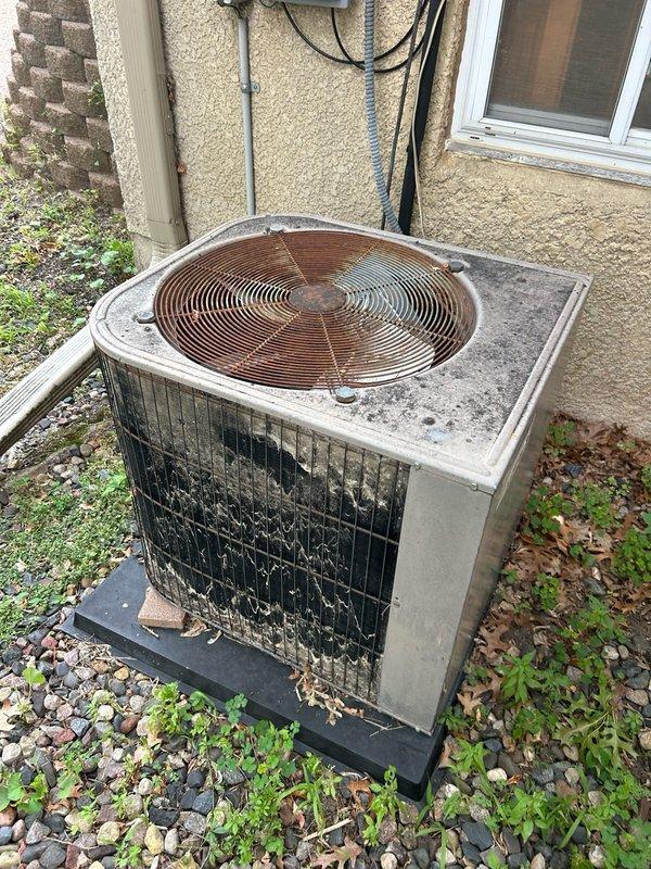 Responded to no cooling complaint on 1988 Lennox system with outdoor unit completely silent and unresponsive. Inspected indoor equipment including blower motor speed, air filter, and evaporator coil—all operating normally. Verified contactor engaged at outdoor unit but condenser fan not running. Tested for high voltage at outdoor unit with negative results. Inspected disconnect and discovered two blown 20A fuses. Confirmed fuse failure with ohmmeter testing and replaced both 20A fuses. Restored power and verified system startup with proper operation. Checked refrigeration pressures and temperatures, confirming readings within manufacturer specifications. Performed maintenance cleaning on outdoor condenser coil and rinsed thoroughly. System now operating properly with normal cooling capacity restored.