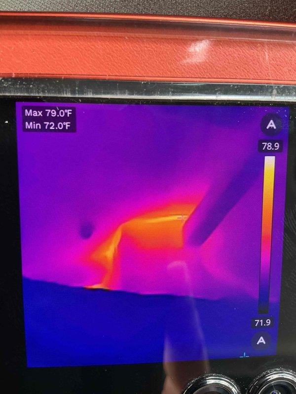 Responded to no cooling complaint on one-year-old mini split system. Upon arrival, verified unit was operating and providing adequate cooling with supply air temperature differential within normal range as confirmed by thermal imaging showing temperatures between 72.0°F and 79.0°F. Inspected electrical panel and system components with no issues found. Advised customer that indoor unit air filters require cleaning to maintain optimal airflow and system efficiency, which may have contributed to perceived cooling concerns.