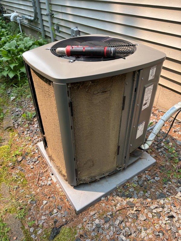 Responded to no-cooling complaint on 3-year-old system struggling to maintain setpoint with 5-degree temperature differential. Found condenser coil completely plugged with construction debris from recent remodeling work despite homeowner maintaining weekly filter changes. Cleaned outdoor condenser unit thoroughly, replaced indoor air filter, and ran full system diagnostics through S30 thermostat test mode with all parameters operating within normal range. Provided homeowner education on humidifier pad replacement procedure and programmed thermostat maintenance reminder for 6-month pad replacement interval. System restored to proper cooling capacity with no additional deficiencies identified.