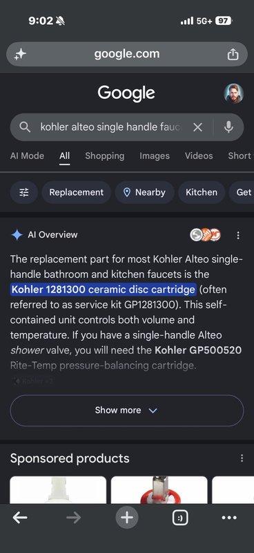 Responded to a leaking Kohler Alteo single-handle bathroom sink faucet. Upon inspection, diagnosed a faulty ceramic disc cartridge requiring replacement. Successfully removed the faucet handle but encountered a seized retainer nut that could not be removed with standard tools. Identified the required replacement part as Kohler 1281300 ceramic disc cartridge and scheduled a return visit with appropriate socket set to remove the stuck retainer nut and complete the cartridge replacement.