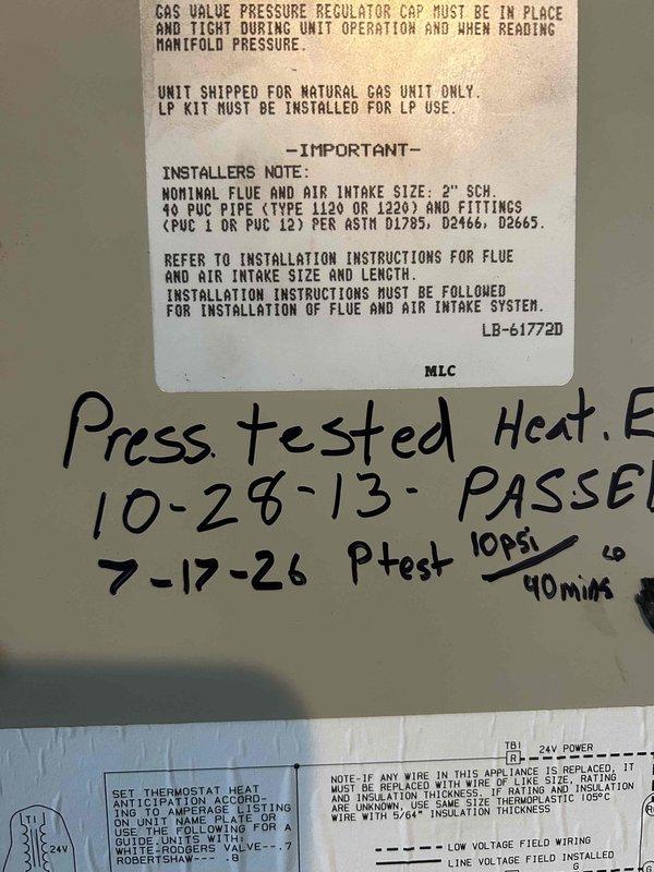 Performed comprehensive inspection of 1991 pulse furnace and 2010 air conditioning system to assess equipment condition and replacement needs. Conducted pressure test on pulse furnace combustion system, verified all routine components, cleaned outdoor condenser unit, and tested AC electrical components and operation. All equipment tested and operating within normal parameters at time of inspection.