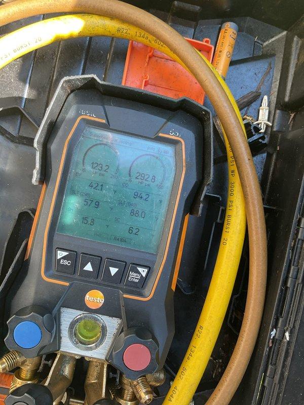 Responded to complaint of newly installed AC system not cooling below 78°F. Performed diagnostic testing of refrigerant pressures, subcooling, and superheat—all measurements within manufacturer specifications. Recorded 18-19°F temperature split across evaporator coil, indicating proper system performance. Replaced dirty air filter and cleaned outdoor condenser coil to optimize airflow and heat transfer efficiency. 

Customer reported intermittent system cycling. Observed utility load control device installed on system. Contacted power company who stated device is not currently active; however, recommend follow-up inspection by licensed electrician to verify load control operation and rule out potential power interruption issues affecting system performance. All refrigerant readings, electrical components, and mechanical operations tested normal during service call. System operating at peak efficiency based on current diagnostic parameters. Advised customer to monitor system performance