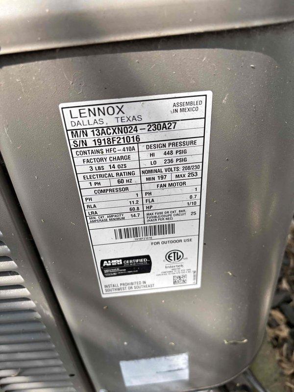 Completed comprehensive AC maintenance on one Lennox condenser unit utilizing R-410A refrigerant in 93-degree ambient conditions. Performed full system inspection including filter, thermostat, temperature split, condenser, coils, motors, capacitors, compressor, refrigerant levels, and condensate drain. Replaced 14x20x1 air filter from van stock. Diagnosed system short cycling caused by heavily soiled outdoor condenser coil restricting airflow. Thoroughly rinsed down outdoor coil to restore proper heat transfer and system operation. Verified all components functioning correctly with proper cycling restored upon completion.