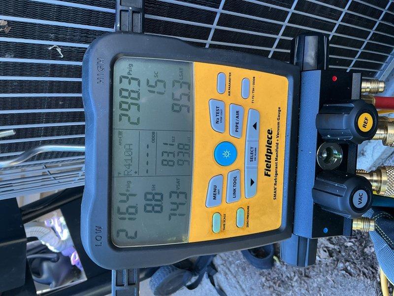 Responded to no cooling complaint on Carrier air conditioning system. Upon diagnosis, identified clogged refrigerant filter-drier causing abnormal system pressures with elevated readings on both high and low sides. Confirmed restriction by measuring 10-degree temperature differential across the filter-drier. Recommended immediate replacement of filter-drier to restore proper refrigerant flow and system operation.