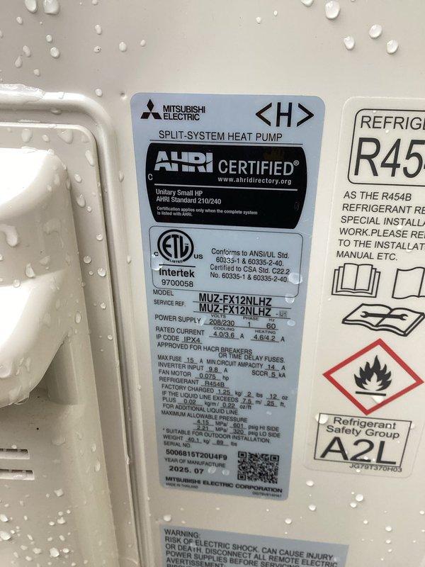 Responded to no cooling complaint on recently installed Mitsubishi Electric split system heat pump (Model MUZ-FX12NLHZ, R454B refrigerant). Upon arrival, performed comprehensive diagnostic evaluation finding no active error codes, proper system operation with 22-degree temperature split across coil, and refrigerant pressures within manufacturer specifications. Consulted with technical support to verify all parameters and documented case number for reference. Inspected outdoor unit components including condenser coils, fan assembly, capacitor, and electrical connections—all functioning normally. Customer advised that intermittent issue may require monitoring for error code retrieval from outdoor unit if problem recurs.