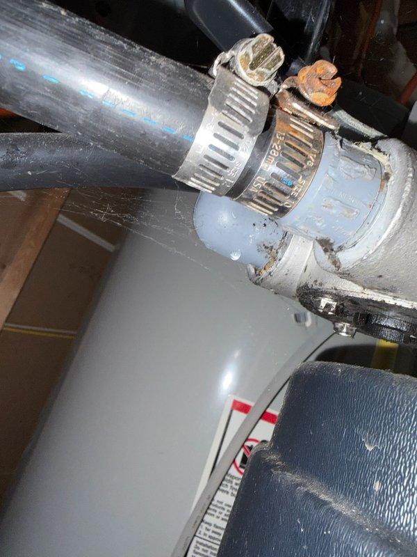 Responded to water leak in mechanical room originating from 8-12 union fitting on water line connected to pressure tank. Upon inspection, identified failed Kitec plumbing system with multiple deteriorating fittings throughout the residence. Customer had applied temporary repair using hose clamps to slow the leak. Documented existing conditions with photographs showing corroded brass fittings, makeshift clamp repairs, and compromised connections. Arranged for emergency estimate consultation to address immediate mechanical room repairs and evaluate complete home re-piping to eliminate failing Kitec components and prevent future system failures.