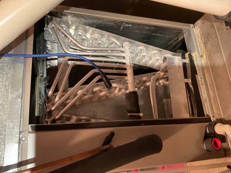 Completed annual AC maintenance on 10-year-old Bryant system with Carrier 189BNV036-A condenser. Addressed homeowner concern regarding high-pitch noise during operation. Upon inspection, determined noise originated from ECM fan motor and compressor during startup, which is normal inverter/ECM operation characteristic of this unit—the electronic hum/whine during ramp-up differs from older condenser models and does not indicate a fault.

Performed standard clean and check maintenance procedures on air conditioning system. Inspected evaporator coil assembly and refrigerant lines in air handler unit. Verified system operation and confirmed unit is functioning properly.

Identified potential wiring concern at condenser: field wiring currently connected only to factory yellow and green leads (two-wire configuration). Factory warning tag indicates that applying 24VAC to terminals A (green), B (yellow), or C (white) can damage the AOC board. Given the limited two-wire setup and manufacturer sp