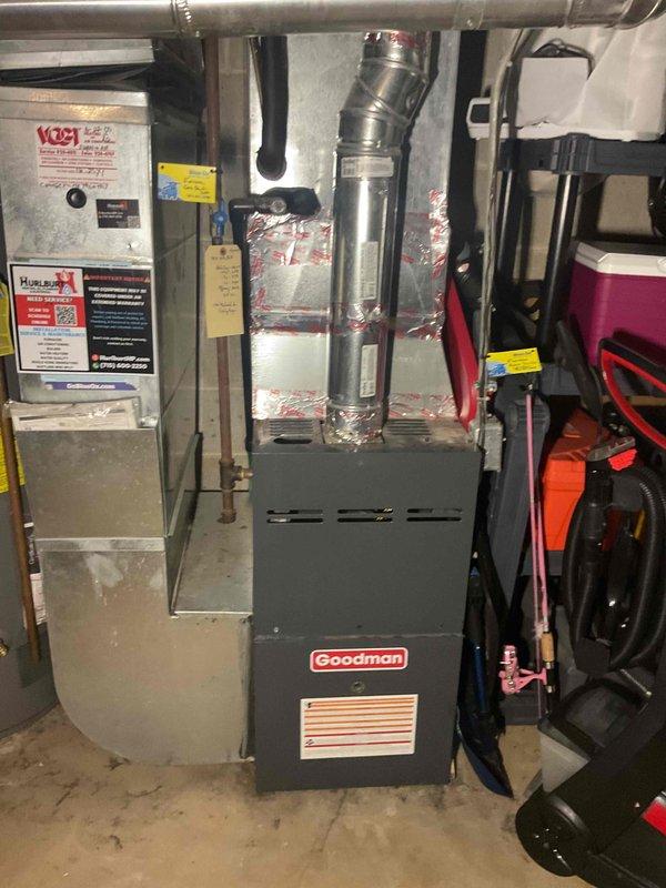 Replaced failed single-stage furnace ignition control board on Goodman heating unit. The system was non-operational prior to repair, requiring complete control board replacement to restore heating functionality. New control board was successfully installed and system tested to confirm proper ignition sequence and operation.