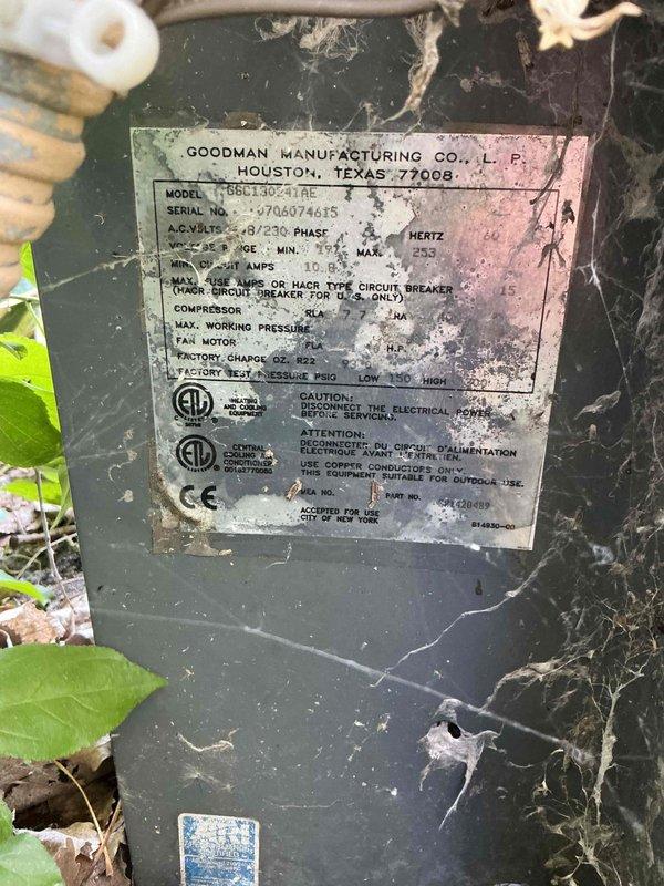 Responded to no cooling complaint on residential air conditioning system. Upon arrival, performed diagnostic testing on outdoor condensing unit and confirmed compressor motor failure through megohm testing. Documented equipment nameplate information from Goodman Manufacturing unit and communicated findings to property landlord with repair recommendations.