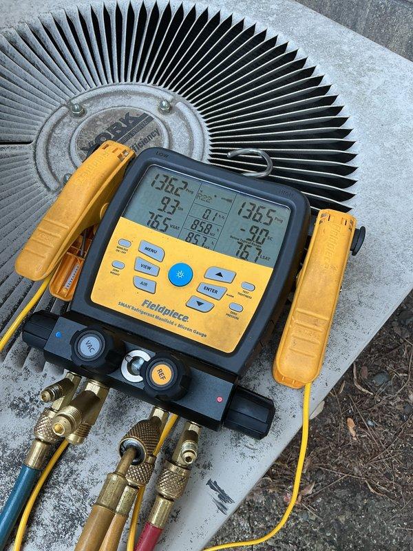 Responded to no cooling complaint on 40-year-old HVAC system. Diagnosed and confirmed failed dual capacitor using digital manifold gauges to verify system pressures and temperatures. Replaced defective dual capacitor and restored cooling operation to unit.