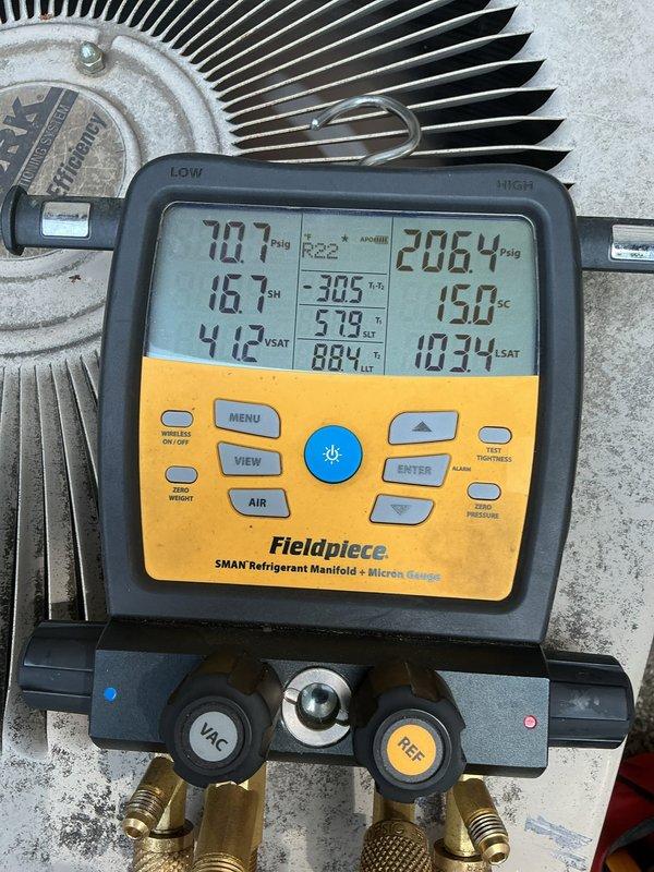 Responded to no cooling complaint on 40-year-old HVAC system. Diagnosed and confirmed failed dual capacitor using digital manifold gauges to verify system pressures and temperatures. Replaced defective dual capacitor and restored cooling operation to unit.