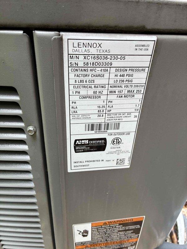 Responded to no cooling complaint on 8-year-old Lennox XC16 3-ton air conditioning system. Found condenser coil heavily plugged with debris and performed thorough coil cleaning. Discovered blower speed incorrectly set at 2000 CFM and adjusted to proper 1250 CFM for system tonnage. Inspected capacitor, contactor, and air filter—all found satisfactory. Measured temperature split and found poor performance; connected manifold gauges revealing abnormal pressure and temperature readings despite acceptable subcooling and superheat values. Diagnosed thermostatic expansion valve (TXV) stuck in wide-open position and not modulating properly. Added small refrigerant charge to test TXV response with no change in valve operation, confirming metering device failure. System currently providing marginal cooling but not operating at design efficiency. Provided part pricing for TXV replacement; homeowner elected to monitor system performance before authorizing repairs.