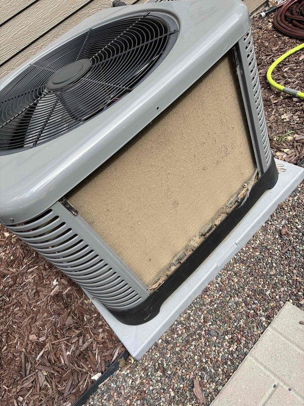 Completed preventative maintenance on a 3-year-old residential air conditioning system. The outdoor condenser coil was heavily plugged with debris and required thorough cleaning to restore proper airflow. Inspected and verified proper operation of the capacitor, contactor, and condenser fan motor. Replaced the air filter and cleared the condensate drain line. System tested at 19-degree temperature differential across the evaporator coil, confirming optimal cooling performance and refrigerant charge.