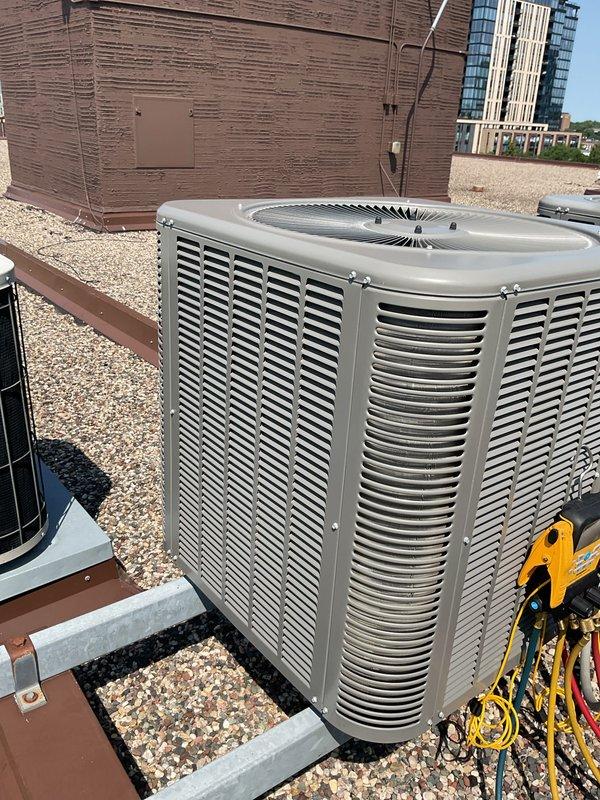 Completed comprehensive AC tune-up on rooftop condenser unit, accessing location via front desk key as coordinated. Performed standard maintenance protocol including system inspection, refrigerant pressure check using manifold gauges, cleaning of condenser coils, verification of proper airflow through fan assembly, and assessment of electrical connections and capacitor function. Unit tested and confirmed operating within manufacturer specifications upon completion.