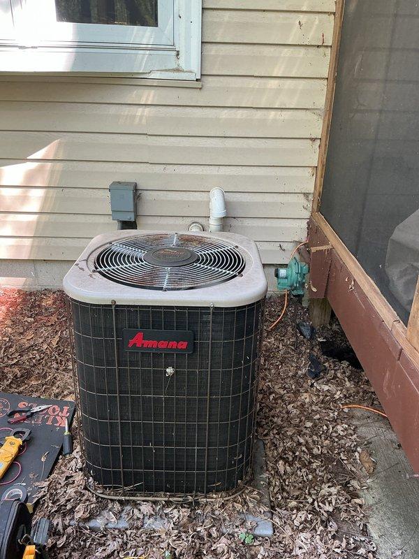 Responded to no cooling complaint on aging Amana air conditioning unit. Upon diagnostic inspection, identified failed hard start kit as cause of inadequate cooling performance. Replaced defective hard start kit with new component, restoring proper compressor operation and system cooling capacity. Unit tested and confirmed operational.
