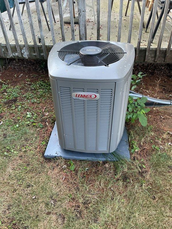Completed annual cooling maintenance visit on 3-year-old Lennox system as part of preventative maintenance agreement. Performed full tune-up including cleaning of routine components, flushing indoor condensate drain line, and replacing air filter. Conducted operational testing of both indoor furnace and outdoor condensing unit with all equipment running within normal parameters.