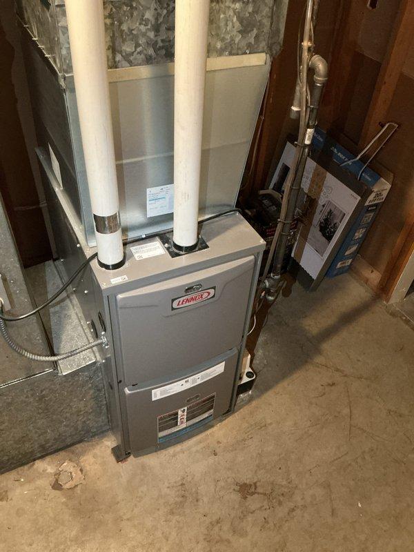 Completed annual cooling maintenance visit on 3-year-old Lennox system as part of preventative maintenance agreement. Performed full tune-up including cleaning of routine components, flushing indoor condensate drain line, and replacing air filter. Conducted operational testing of both indoor furnace and outdoor condensing unit with all equipment running within normal parameters.