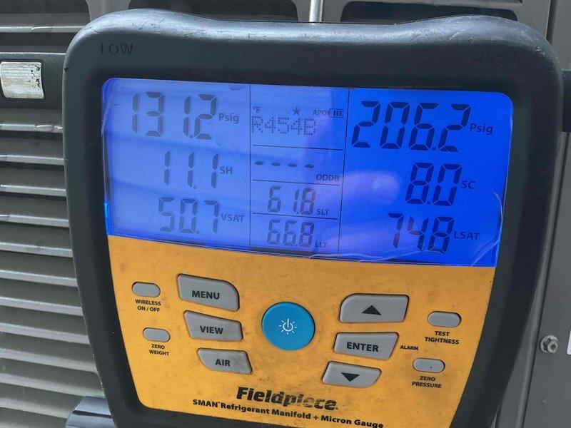 Completed annual cooling maintenance on a 1-year-old Lennox air conditioning system under warranty. Performed comprehensive tune-up including refrigerant charge verification, temperature split analysis, and full system diagnostics using digital manifold gauges. All components tested within manufacturer specifications with proper superheat and subcooling readings confirmed, and unit found to be fully operational with no deficiencies noted.