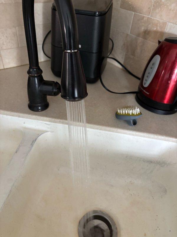 Supplied and installed a new pull-out kitchen faucet sprayer hose with matte black finish to replace the existing faucet head. Upon installation, performed operational testing to verify proper spray function and water flow. Homeowner confirmed satisfactory operation before leaving the fixture in service with one-year parts and labor warranty coverage.