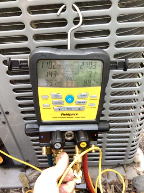 Completed return visit to diagnose no cooling complaint on high velocity system. Upon arrival, verified system operation and found unit cooling properly with acceptable temperature differential and refrigerant pressures within normal range. Educated homeowner on realistic performance expectations for older home with attic-mounted high velocity system during extreme outdoor temperatures, explaining that multiple-degree temperature drops cannot be achieved within one-hour timeframes under high heat load conditions. System operating as designed with no deficiencies found.