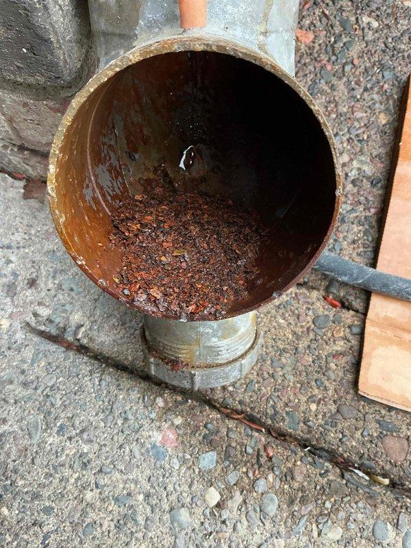 Responded to no hot water condition on commercial tankless water heater. Found intake blocked error code caused by condensate backup in exhaust system. Discovered exhaust drain pipe completely obstructed with approximately 6 inches of standing water due to severe internal corrosion and rust accumulation. Cleared blockage from condensate drain line, removed accumulated water, and reassembled exhaust components. Verified proper drainage function and restored unit to operational status.