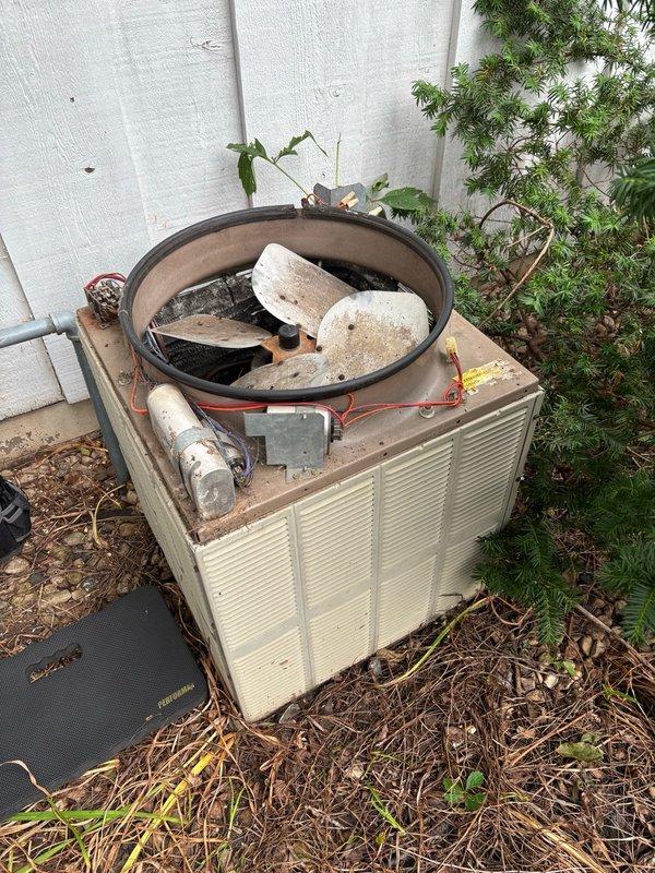 Responded to return service call for no-cool condition at residence with 1970s-1980s vintage General Electric outdoor condensing unit and 31-year-old furnace. Customer reported breaker tripped that morning and outdoor fan motor not rotating. Upon inspection, found condensing unit severely deteriorated with compressor wiring and condenser fan motor wiring insulation fully degraded and brittle throughout. Previous visit two weeks prior had temporarily restored cooling operation after clearing heavy brush and debris from around outdoor unit to improve condenser airflow; at that time also identified and discussed crimp crack in heat exchanger area of furnace. Due to extensive wiring degradation and difficult access to compressor terminals, electrical testing of compressor windings was not performed to avoid creating additional damage or unsafe electrical conditions. Advised customer to leave system off and not attempt operation pending replacement. Customer has met with service advisor and