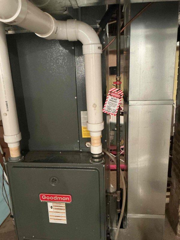 Responded to no-cool call on Goodman furnace. Diagnosed failed blower motor with power present but motor not operating. During inspection, discovered significant collector box leak and deteriorated heat exchanger with visible holes documented via camera inspection. Due to age of unit and extent of issues found, recommended full system replacement rather than costly blower motor repair on compromised equipment.