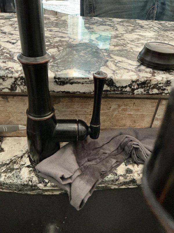 Responded to kitchen faucet leak originating from the handle and dripping into the cabinet below. Upon inspection, determined the Pfister faucet required a new cartridge, which would need to be special ordered. Presented options for cartridge replacement versus complete faucet replacement, including pricing for both customer-supplied and contractor-supplied fixtures. Customer elected to purchase their own faucet for future installation. Documented existing plumbing conditions with photos for reference upon return visit.