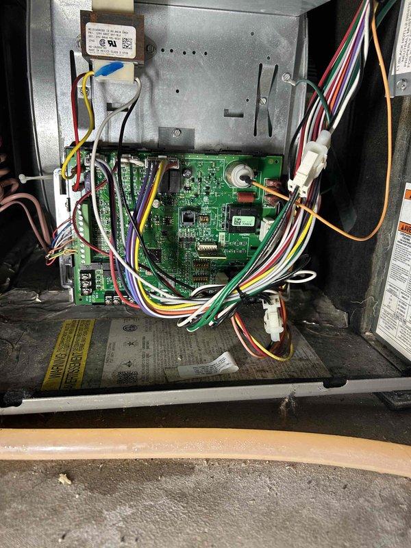 Completed warranty replacement of HVAC control board. Removed failed circuit board from unit and installed new replacement board, reconnecting all wiring harnesses and electrical connections. Upon installation, performed system startup and verified proper operation with all functions running correctly.