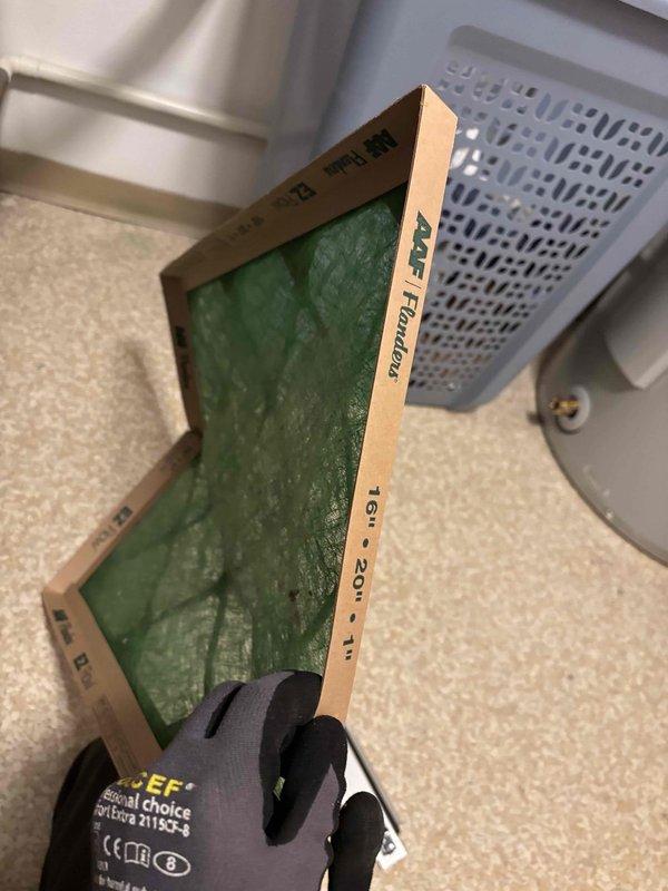 Performed comprehensive AC maintenance on rooftop condenser unit with 410A refrigerant in 86-degree ambient conditions. Inspection included filter, thermostat, temperature split, condenser coils, motors, capacitors, compressor, refrigerant level, and condensate drain. Measured supply air temperature at 67.5 degrees. Identified heavily soiled air filter requiring replacement. Discovered missing Schrader caps on service ports and suboptimal system performance with 13-degree temperature split, indicating low refrigerant charge. Recommended 410A refrigerant recharge and installation of Schrader caps to prevent future refrigerant loss; customer declined repairs at this time, stating cooling performance was satisfactory for their needs.