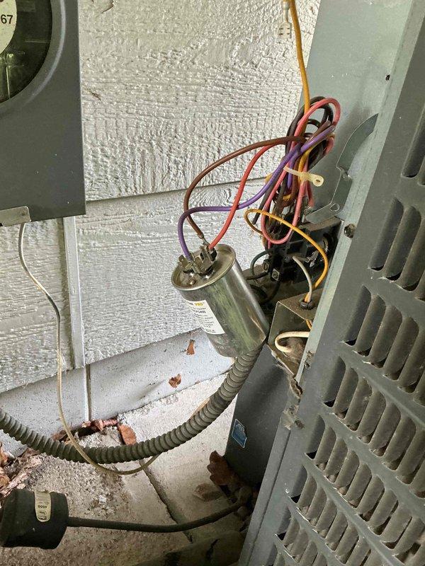 Responded to no cool condition on 10+ year old unit blowing hot air. Diagnosed and replaced failed capacitor and thoroughly cleaned plugged condenser coil to restore proper system operation and cooling performance.