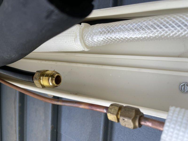 Returned to address improper flare connections on a single-head mini split system that were found to be out of specification from the original installation. Removed and replaced all flare fittings on the refrigerant lines using proper flaring tools and techniques to ensure leak-free connections. Evacuated the system to proper vacuum levels, recharged the unit with the appropriate refrigerant amount, and verified operational performance upon completion.