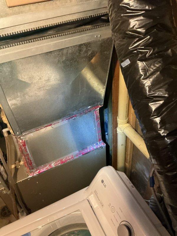 Responded to intermittent water leak in basement with standing water located behind furnace/AC unit near main plumbing stack. Conducted thorough inspection of area and documented conditions with photographs. Determined leak pattern to be inconsistent and phantom in nature, with water accumulation near HVAC equipment and ductwork. Based on location and leak characteristics, identified possible dapping issue from upstairs tub as likely source requiring further investigation by HVAC technician to assess potential condensation or drainage concerns related to mechanical systems.