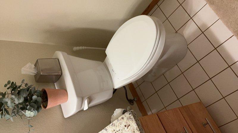 Completed installation of comfort height toilet in bathroom with proper mounting and sealing. Installed 1-inch inline whole house sediment spin-down filter to protect plumbing fixtures and appliances from particulate contamination. Installed pressure switch rated for 40-60 PSI operation along with pressure gauge on well tank to monitor and maintain proper system pressure. All components tested and verified operational upon completion.