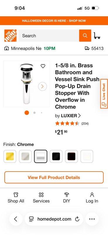 Replaced defective pop-up drain assembly in basement bathroom sink with new LUXIER 1-5/8 inch brass push pop-up drain stopper with overflow in chrome finish. Removed old pop-up assembly and installed new unit, ensuring proper seal and alignment. Performed leak test by running water for 10 minutes and filling sink basin five times to verify installation integrity. No leaks detected at drain connections or overflow assembly. Left fixture in full operational service.