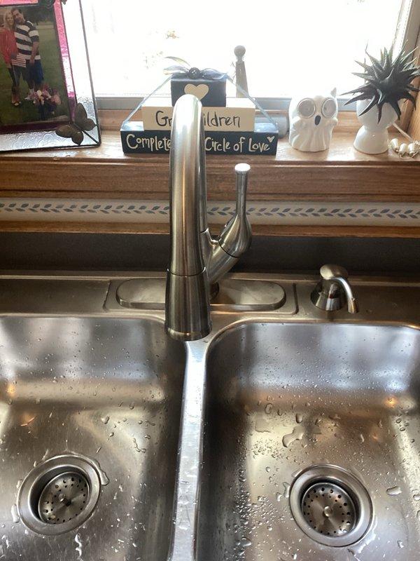 Installed customer-supplied kitchen faucet in double-basin stainless steel sink, replacing existing fixture. The new brushed stainless steel faucet features a high arching spout with side-mounted sprayer attachment, providing modern functionality and improved water delivery to both sink basins.