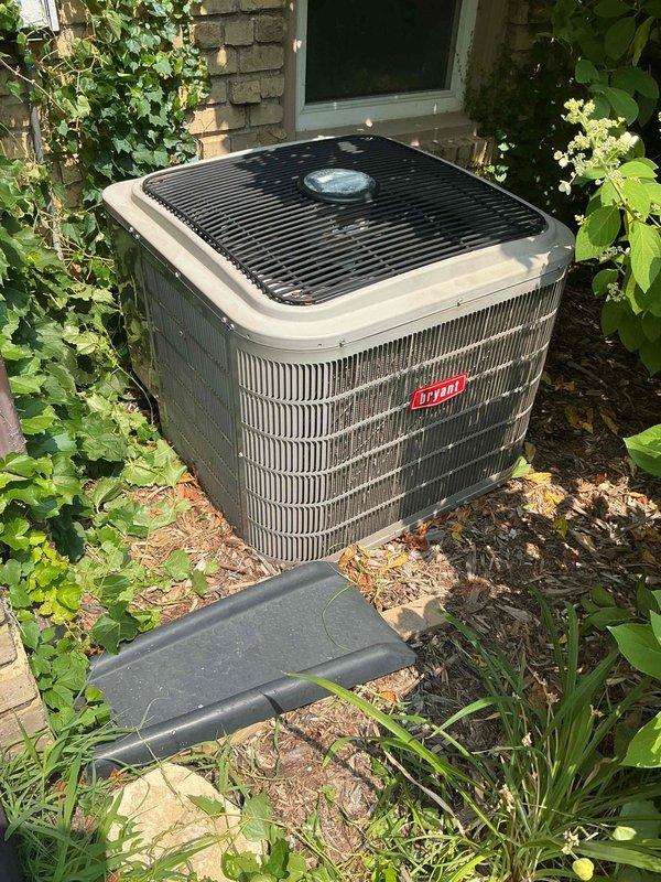 Responded to no cool call on 16-year-old Bryant air conditioning system. Diagnosed low refrigerant charge (410A), failed fan capacitor, and dirty condenser coil. Verified adequate airflow from air handler and confirmed filter was not restrictive. System currently maintaining acceptable temperatures with evaporator coil not yet reaching freezing point. Provided customer with repair options and scheduled follow-up service advisor appointment for system evaluation and recommendations.