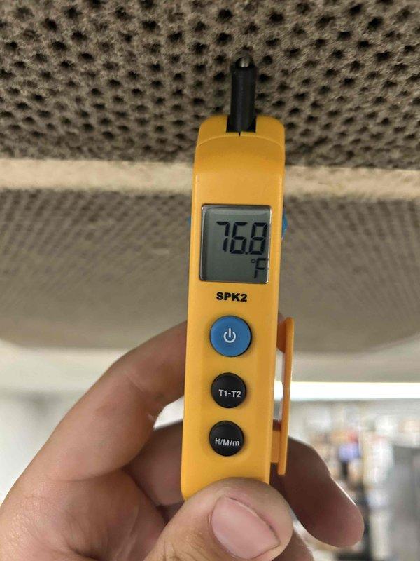 Performed diagnostic follow-up on HVAC system after multiple previous visits. Conducted pressure test on liquid and suction lines to verify proper refrigerant charge levels, recording gauge readings of 1362 PSI and 3548 PSI along with temperature measurements of 76.8°F. Ran and tested equipment, documented all findings with photographs for service records.