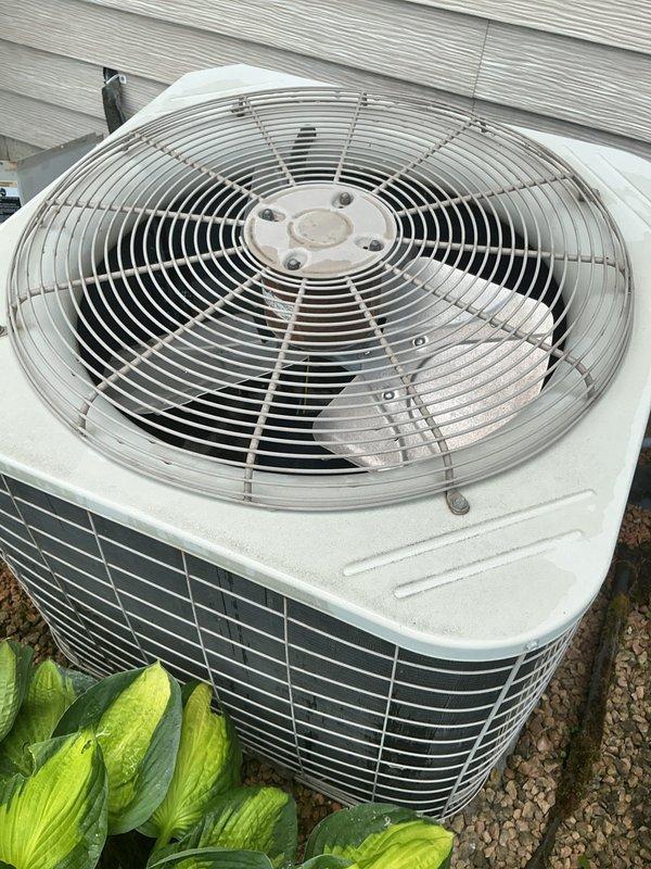 Responded to no cooling complaint on 22-year-old Bryant air conditioning system utilizing obsolete R22 refrigerant. Performed comprehensive system evaluation and identified multiple critical failures: condenser fan motor seizing and producing excessive noise, draft motor on furnace leaking condensation, and blower motor exhibiting noisy startup operation. Documented equipment condition with photographs of evaporator coil specifications and outdoor condenser unit. Provided estimate for necessary parts replacement and scheduled follow-up consultation with comfort advisor to discuss repair options versus system replacement given age and refrigerant obsolescence.