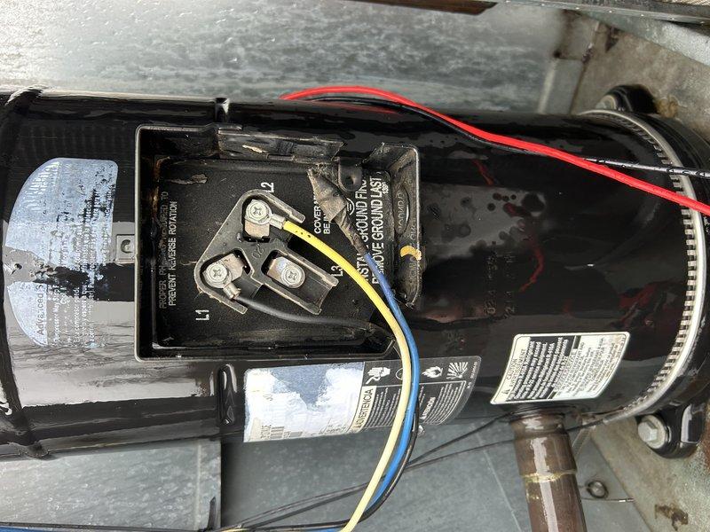 Responded to no cooling complaint on three RTU units at commercial facility with approximately 12 total rooftop units. Initial diagnostic visit was shortened due to inclement weather conditions. On Unit 16 serving the welding room, identified one failed compressor that customer elected not to repair, and discovered condenser fan motors inoperative—traced issue to blown fuses requiring replacement on return visit. Confirmed cracked heat exchanger on second unit, which customer has chosen not to repair due to pending lease expiration. Third unit requires additional diagnostics to be completed on scheduled return trip. Documented electrical components and fuse assembly with photos for reference. Return visit needed to install fuses, restore condenser fan operation on Unit 16, and complete diagnostics on remaining non-cooling unit.