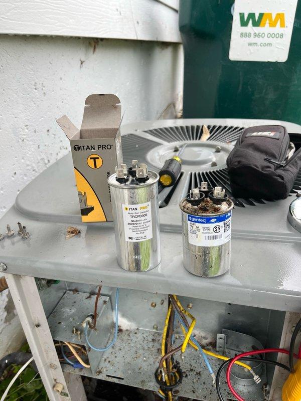 Responded to no cooling complaint on aging HVAC system. Upon arrival, found indoor furnace calling for cooling with blower operational, but outdoor condenser unit unresponsive. Diagnosed failed dual-run capacitor (30/5 MFD) reading zero on both terminals, preventing compressor and condenser fan operation. Additionally discovered severely restricted airflow due to dirty blower wheel, plugged secondary heat exchanger, and completely blocked evaporator coil. Replaced defective capacitor with new unit to restore immediate cooling functionality. Advised property owner that system requires comprehensive maintenance including coil cleaning and blower service, and recommended obtaining replacement system pricing given the advanced age of equipment and accumulating maintenance needs. System restored to operational status with cooling capability confirmed.
