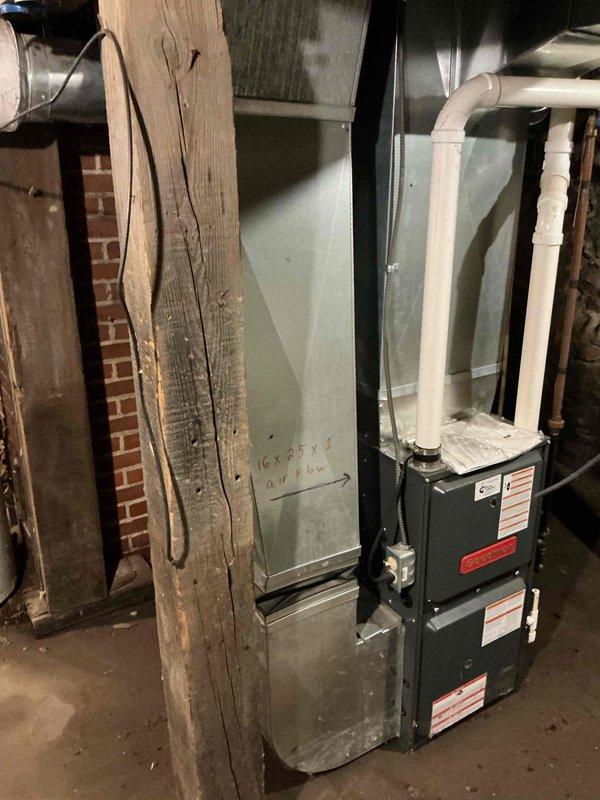 Responded to service call to disconnect return air ductwork from Goodman furnace system to facilitate foundation leveling and concrete work in basement. Removed 16x25x1 return drop assembly from furnace unit and secured all disconnected components. Shut down HVAC equipment and informed property owner that system is offline until ductwork can be reinstalled following completion of structural repairs.