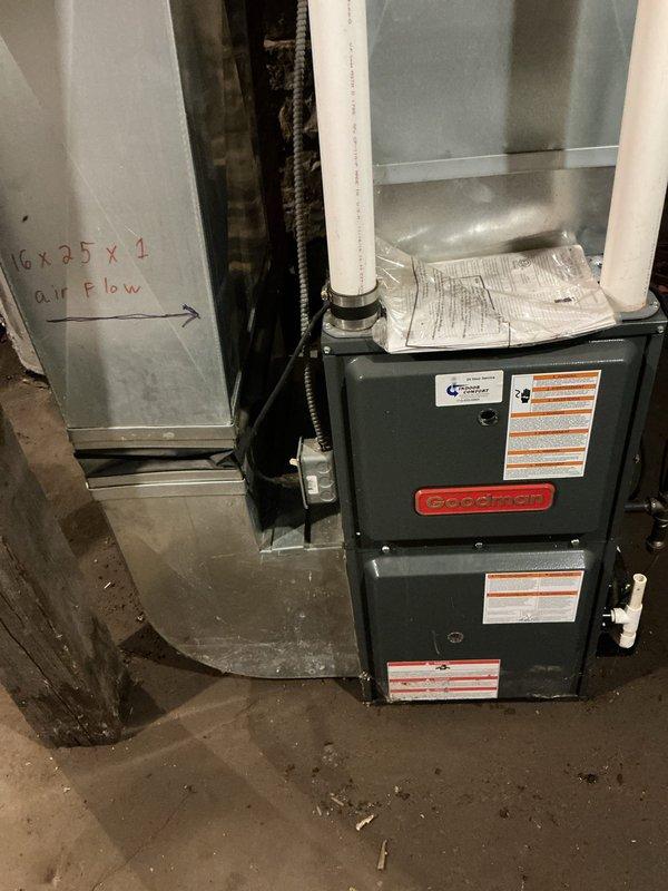 Responded to service call to disconnect return air ductwork from Goodman furnace system to facilitate foundation leveling and concrete work in basement. Removed 16x25x1 return drop assembly from furnace unit and secured all disconnected components. Shut down HVAC equipment and informed property owner that system is offline until ductwork can be reinstalled following completion of structural repairs.